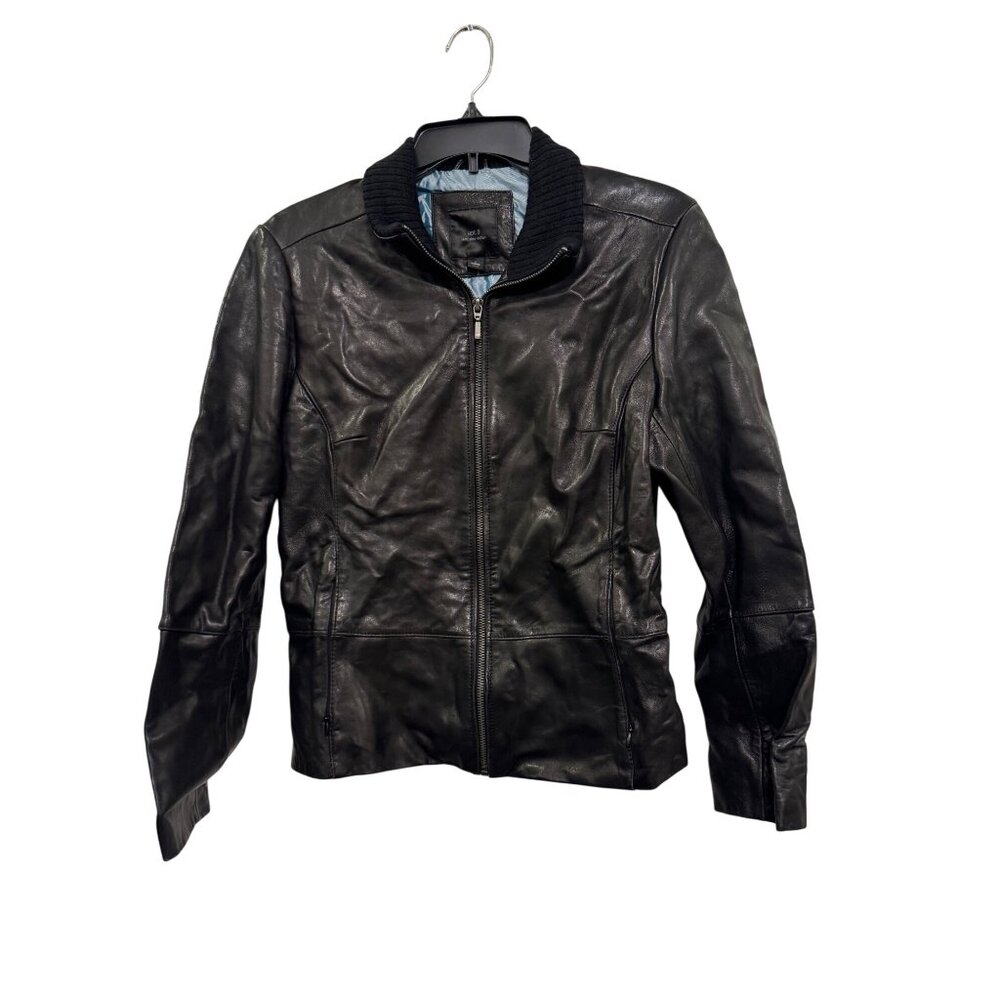 Apt. 9 Womens Lambskin Leather Jacket Black S Zip Up Ribbed Collar